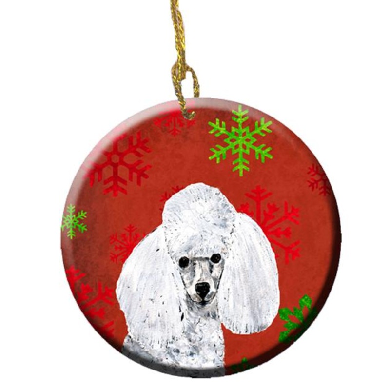 White Toy Poodle Red Snowflakes Holiday Ornament - Round Ceramic Ornament  Artist-Designed Keepsake Decoration SC9749CO1