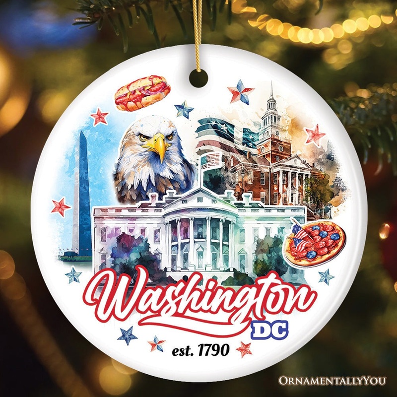 Artistic Washington DC Ceramic Ornament, Landmarks of the Nations Capital, White House Travel Souvenir