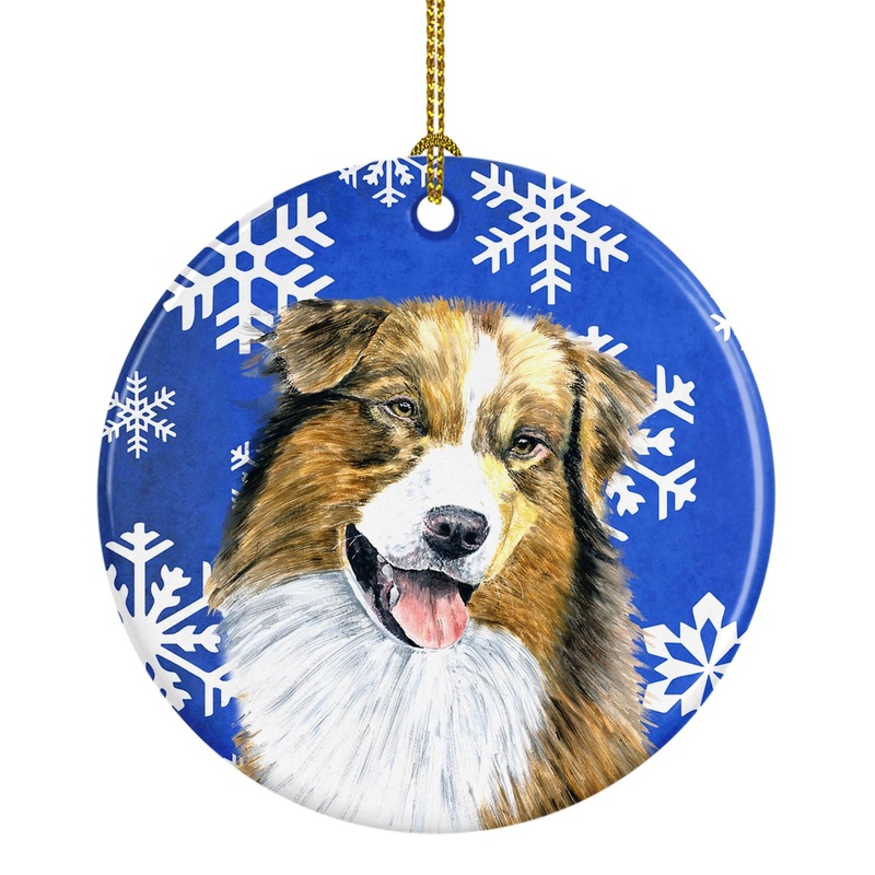 Australian Shepherd Winter Snowflakes Holiday Ornament - Round Ceramic Ornament  Artist-Designed Keepsake Decoration SC9397