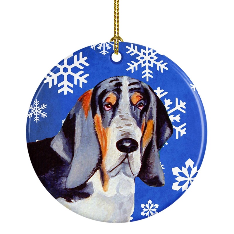 Basset Hound Winter Snowflake Holiday Ornament - Round Ceramic Ornament  Artist-Designed Keepsake Decoration LH9282