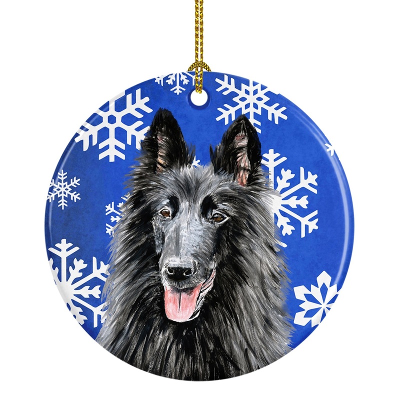 Belgian Sheepdog Winter Snowflakes Holiday Ornament - Round Ceramic Ornament  Artist-Designed Keepsake Decoration SC9398