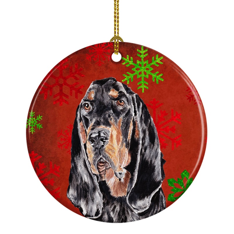 Black and Tan Coonhound Red Snowflakes Holiday Ceramic Ornament SC9581CO1