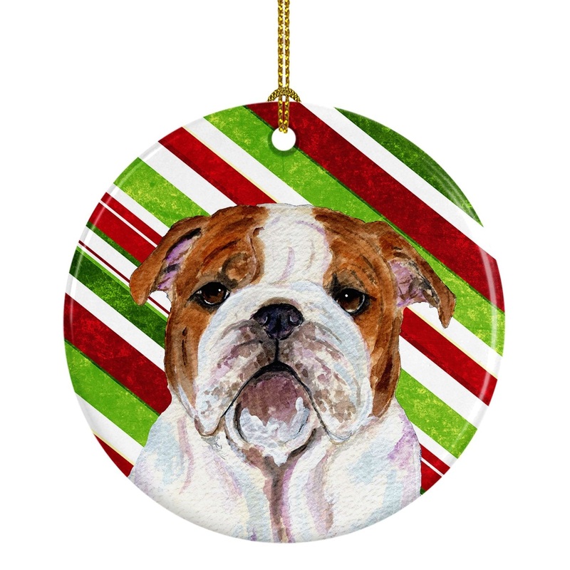 Bulldog English Candy Cane Holiday Christmas Ornament - Round Ceramic Ornament  Artist-Designed Keepsake Decoration SS4553