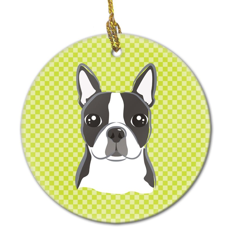 Checkerboard Lime Green Boston Terrier Ceramic Ornament BB1265CO1