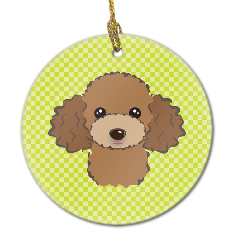 Checkerboard Lime Green Chocolate Brown Poodle Ceramic Ornament BB1318CO1