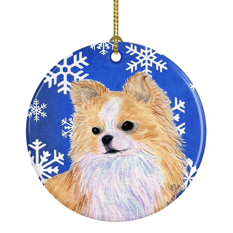 Chihuahua Winter Snowflakes Holiday Christmas Ornament - Round Ceramic Ornament  Artist-Designed Keepsake Decoration SS4611