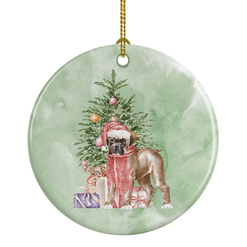 Christmas Boxer Puppy Ornament - Round Ceramic Ornament  Artist-Designed Keepsake Decoration