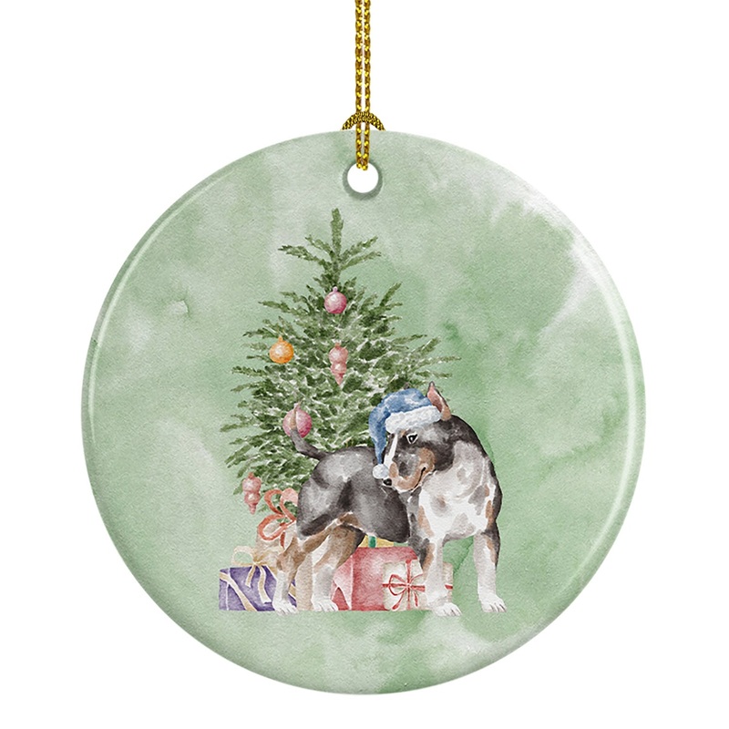 Christmas Bull Terrier Tricolor Ornament - Round Ceramic Ornament  Artist-Designed Keepsake Decoration