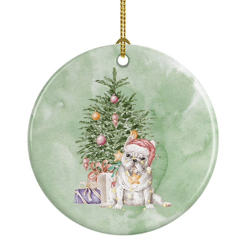 Christmas French Bulldog White Ornament - Round Ceramic Ornament  Artist-Designed Keepsake Decoration