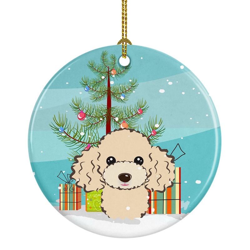 Christmas Tree and Buff Poodle Ornament - Round Ceramic Ornament  Artist-Designed Keepsake Decoration BB1630CO1