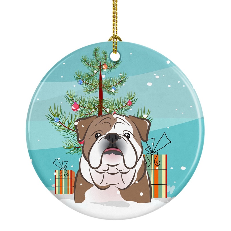 Christmas Tree and English Bulldog  Ornament - Round Ceramic Ornament  Artist-Designed Keepsake Decoration BB1591CO1