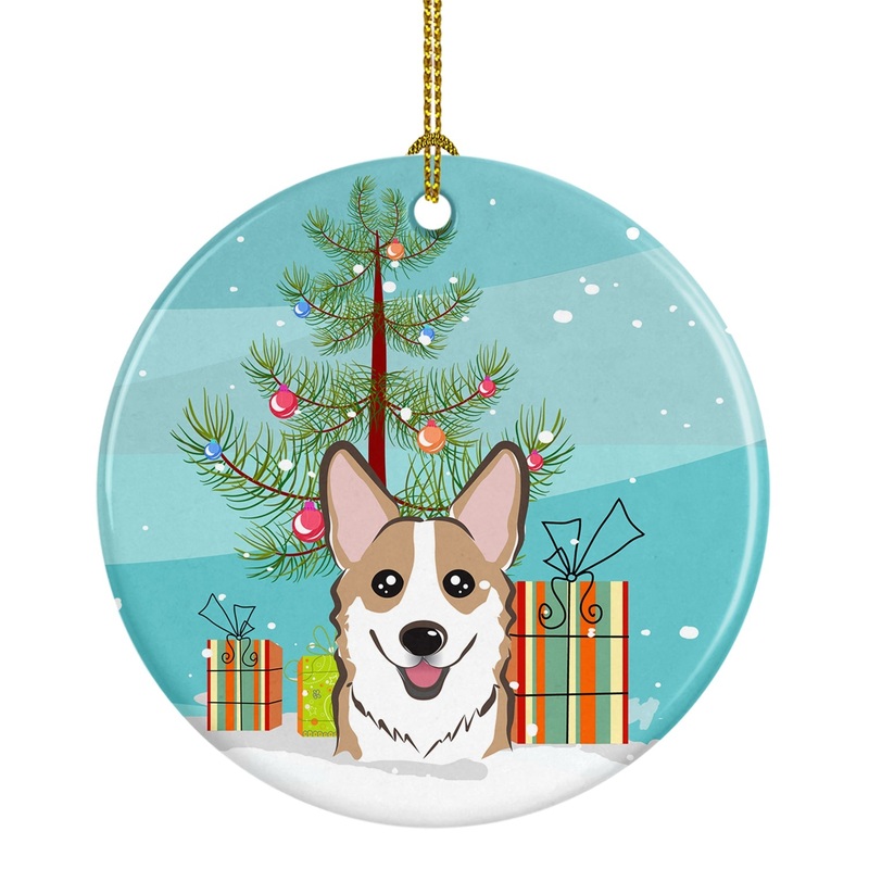 Christmas Tree and Sable Corgi Ornament - Round Ceramic Ornament  Artist-Designed Keepsake Decoration BB1625CO1