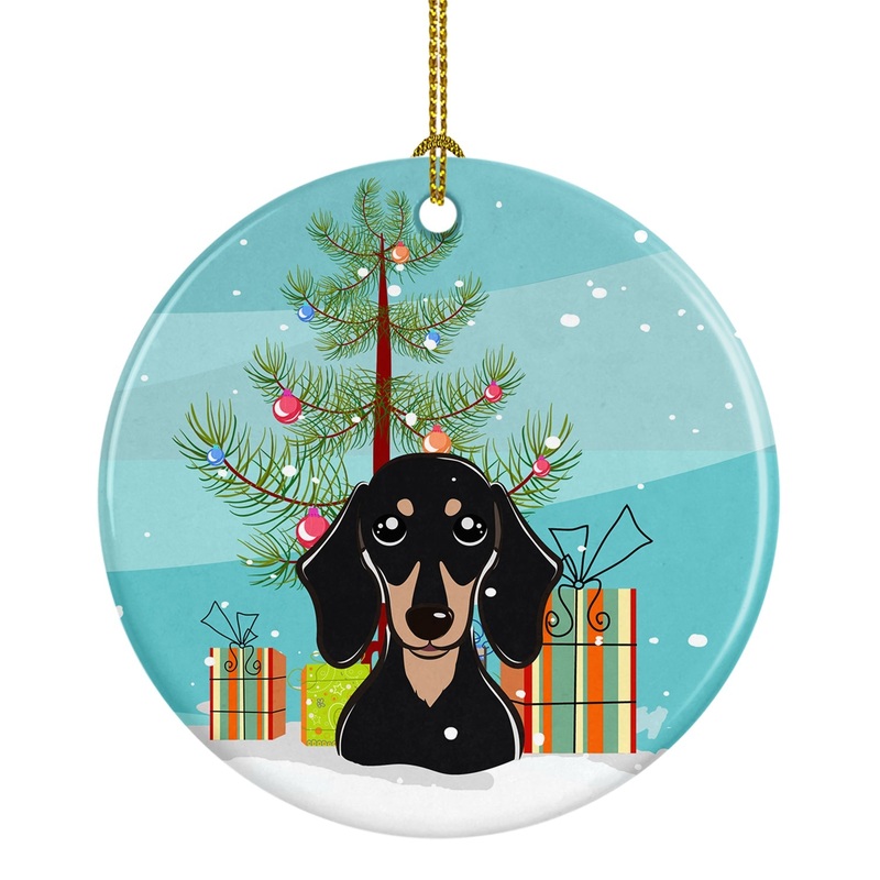 Christmas Tree and Smooth Black and Tan Dachshund Ornament - Round Ceramic Ornament  Artist-Designed Keepsake Decoration BB1587CO1