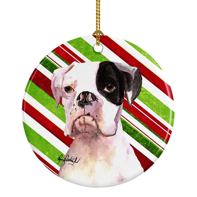 Cooper Candy Stripe Boxer Christmas Ornament - Round Ceramic Ornament  Artist-Designed Keepsake Decoration