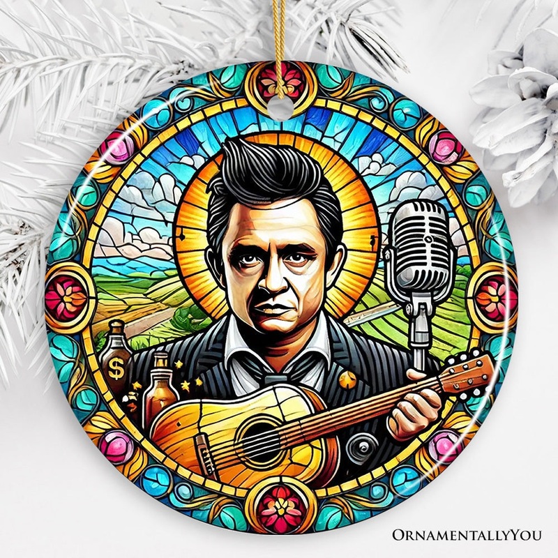 Country Rockin Stained Glass Ceramic Christmas Ornament, Vintage Pop Art and Johnny Cash