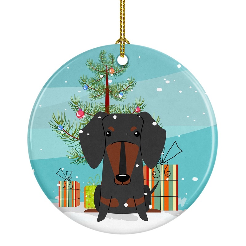 Merry Christmas Tree Dachshund Black Tan Ornament - Round Ceramic Ornament  Artist-Designed Keepsake Decoration BB4257CO1