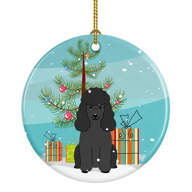 Merry Christmas Tree Poodle Black Ornament - Round Ceramic Ornament  Artist-Designed Keepsake Decoration BB4196CO1