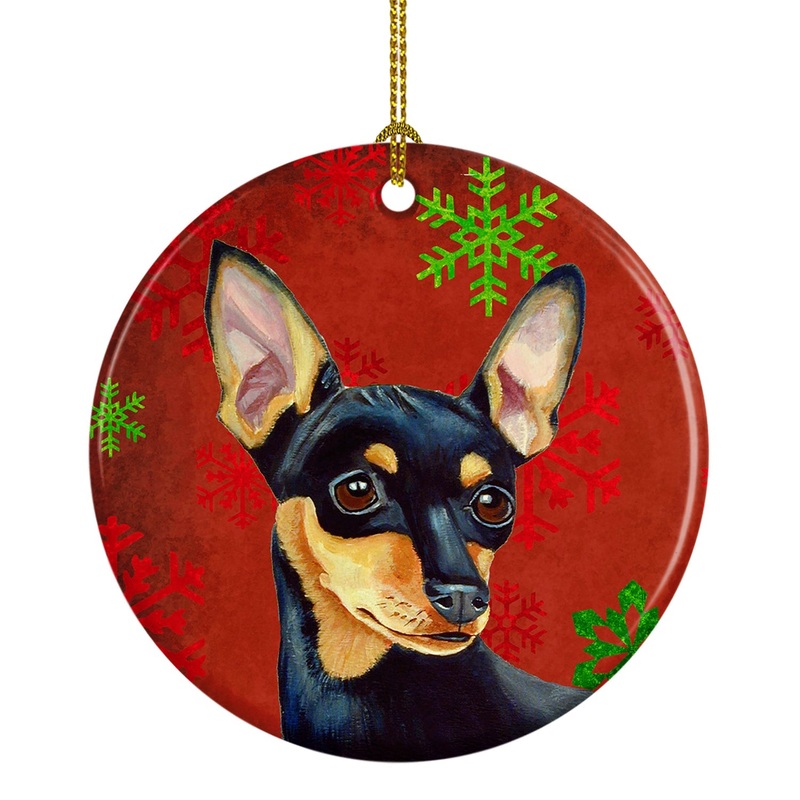 Min Pin Red Snowflake Holiday Christmas Ornament - Round Ceramic Ornament  Artist-Designed Keepsake Decoration LH9335