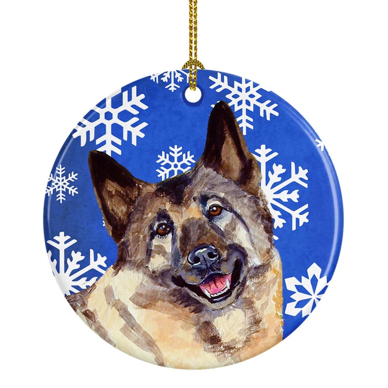Norwegian Elkhound Winter Snowflake Holiday Ornament - Round Ceramic Ornament  Artist-Designed Keepsake Decoration LH9308