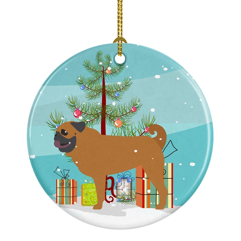 Pug Merry Christmas Tree Ornament - Round Ceramic Ornament  Artist-Designed Keepsake Decoration BB2965CO1