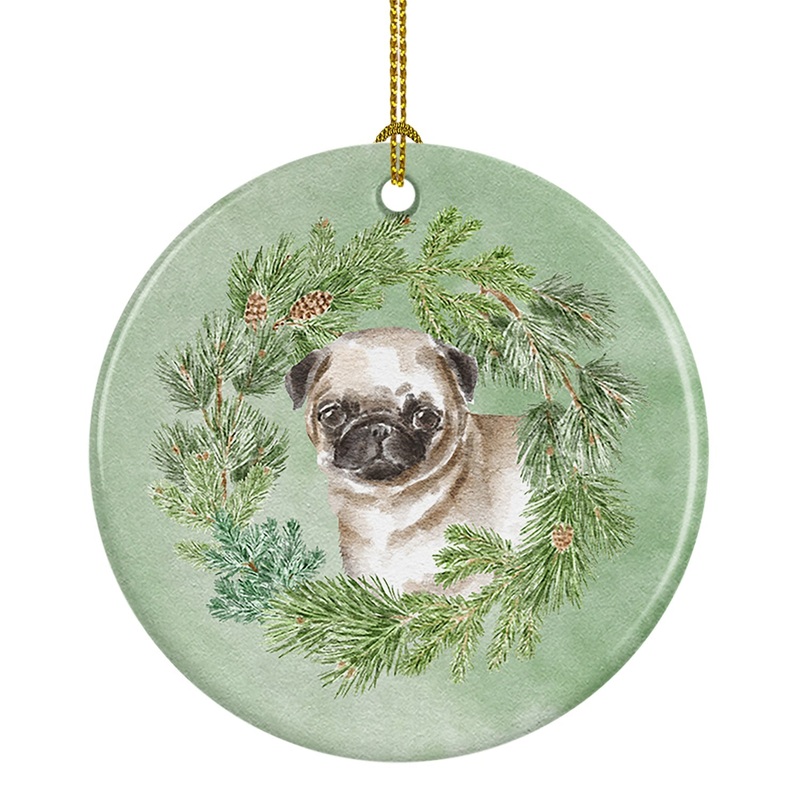 Pug Puppy Fawn Christmas Wreath Ceramic Ornament