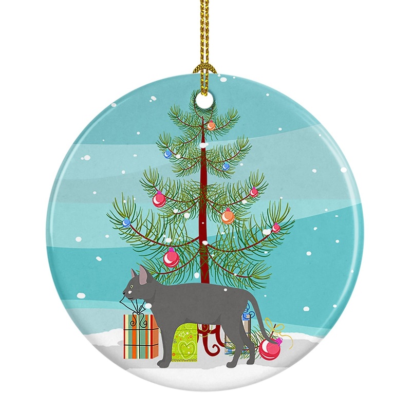 Russian Blue #2 Cat Merry Christmas Ornament - Round Ceramic Ornament  Artist-Designed Keepsake Decoration