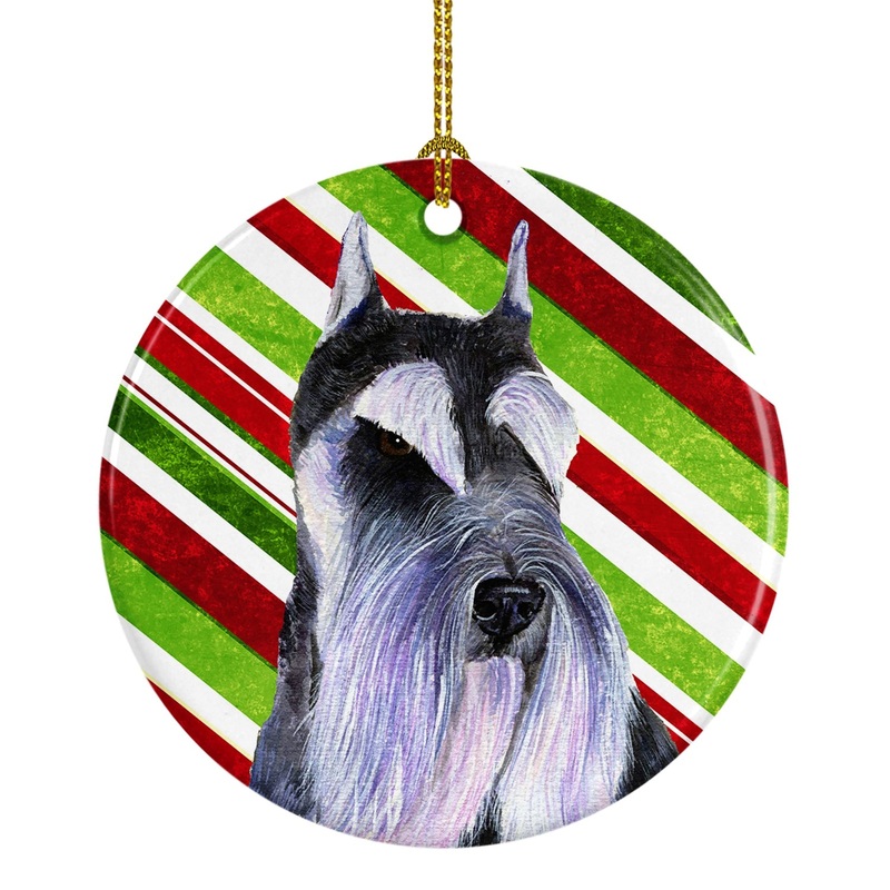 Schnauzer Candy Cane Holiday Christmas Ornament - Round Ceramic Ornament  Artist-Designed Keepsake Decoration SS4546