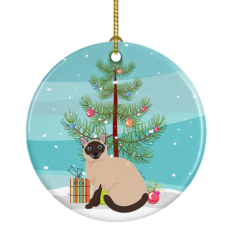 Siamese Traditional Cat Merry Christmas Ornament - Round Ceramic Ornament  Artist-Designed Keepsake Decoration