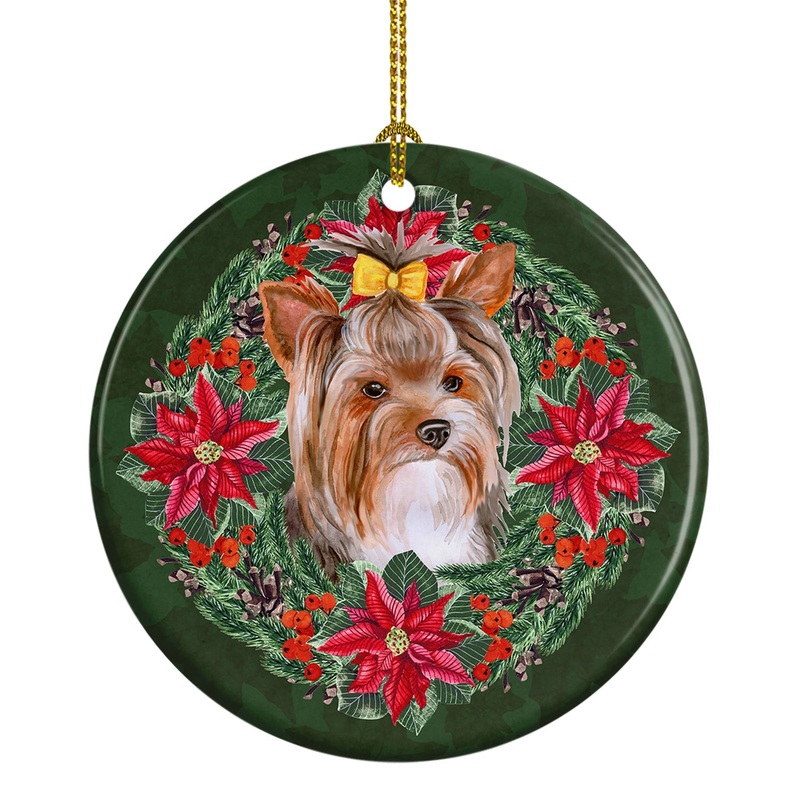 Yorkshire Terrier #2 Poinsetta Wreath Ceramic Ornament