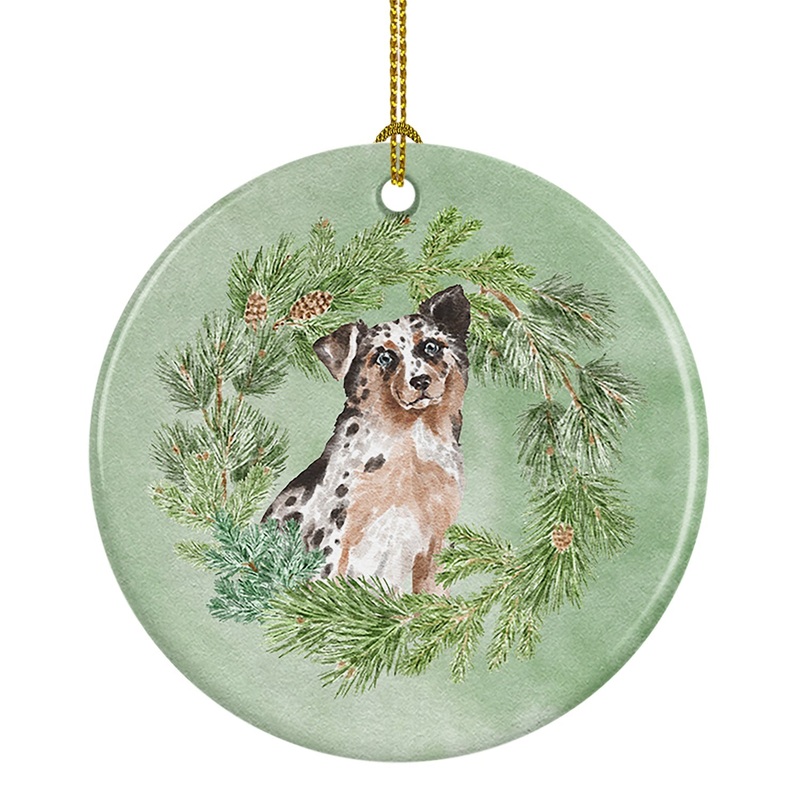 Australian Shepherd Blue Merle Shorthaired Christmas Wreath Ceramic Ornament