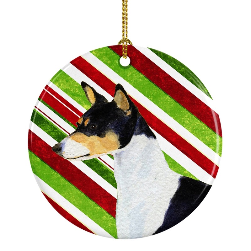 Basenji Candy Cane Holiday Christmas Ornament - Round Ceramic Ornament  Artist-Designed Keepsake Decoration SS4583