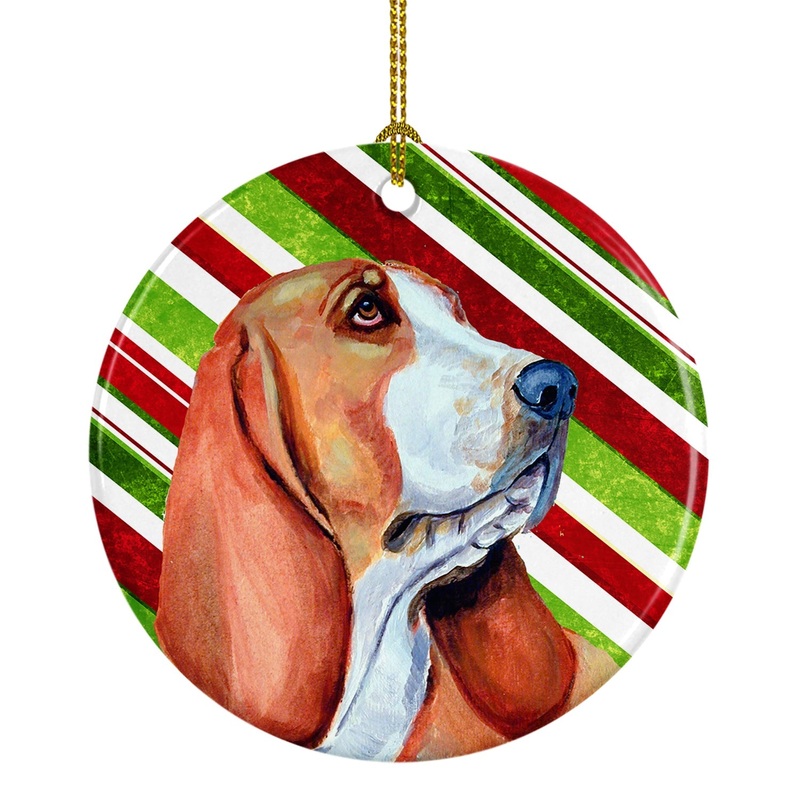 Basset Hound Candy Cane Holiday Christmas Ornament - Round Ceramic Ornament  Artist-Designed Keepsake Decoration LH9242