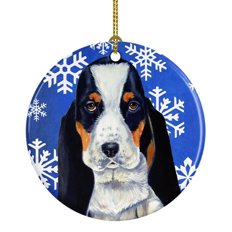 Basset Hound Winter Snowflake Holiday Ornament - Round Ceramic Ornament  Artist-Designed Keepsake Decoration LH9284