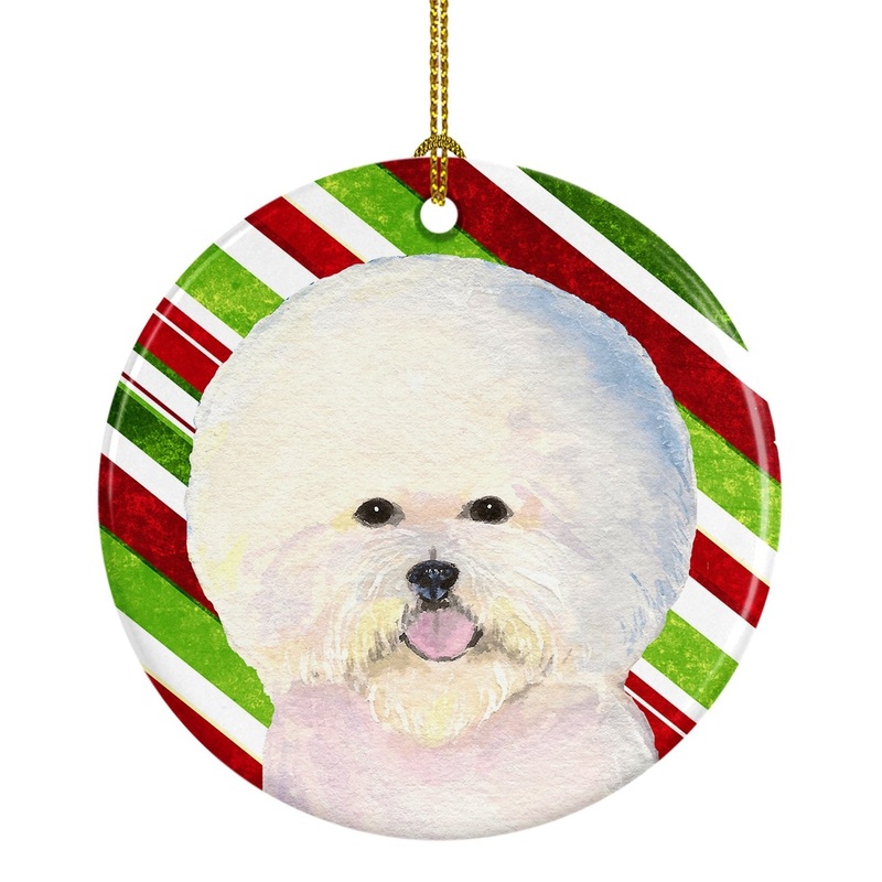 Bichon Frise Candy Cane Holiday Christmas Ornament - Round Ceramic Ornament  Artist-Designed Keepsake Decoration SS4595