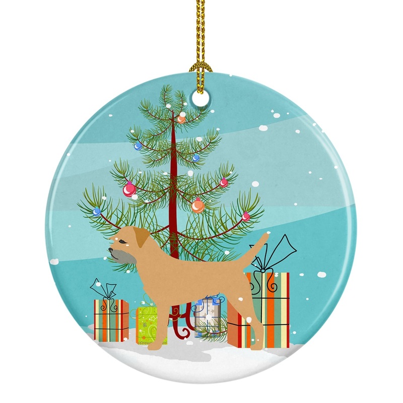 Border Terrier Merry Christmas Tree Ornament - Round Ceramic Ornament  Artist-Designed Keepsake Decoration BB2907CO1