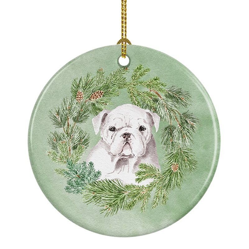 Bulldog Puppy White Christmas Wreath Ceramic Ornament