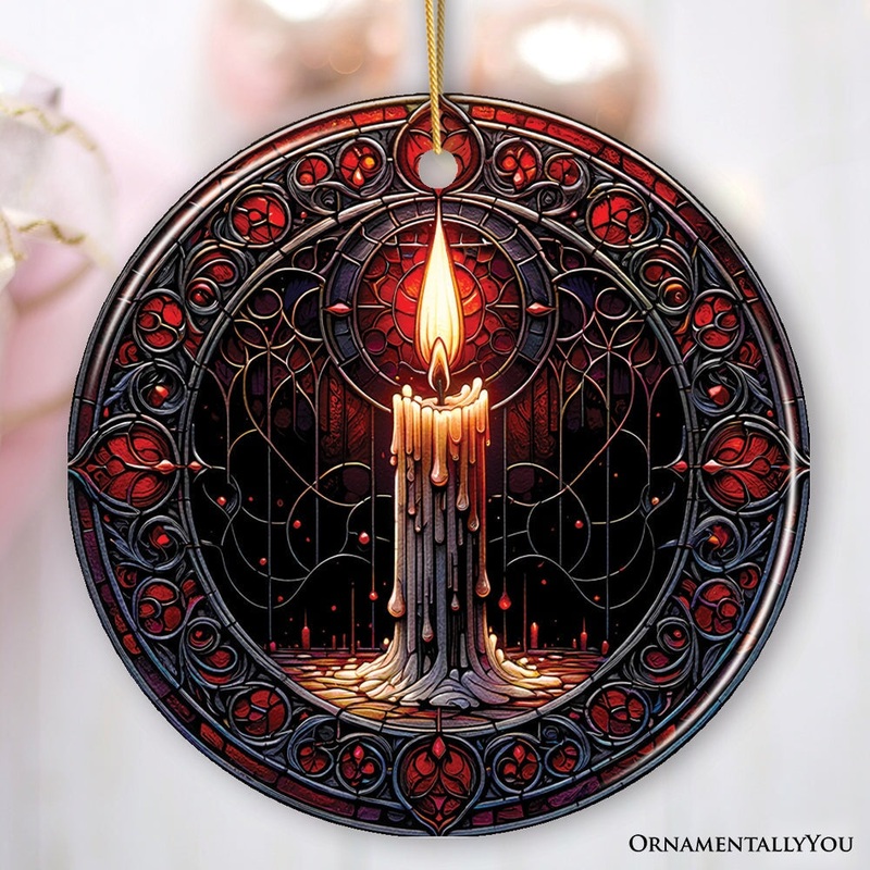 Candlelight for a Spine-Chilling Ambiance Stained Glass Style Ceramic Ornament, Halloween Themed Christmas Gift and Decor