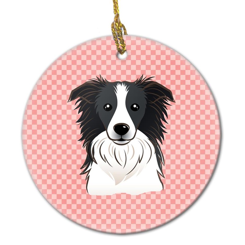 Checkerboard Pink Border Collie Ceramic Ornament BB1241CO1