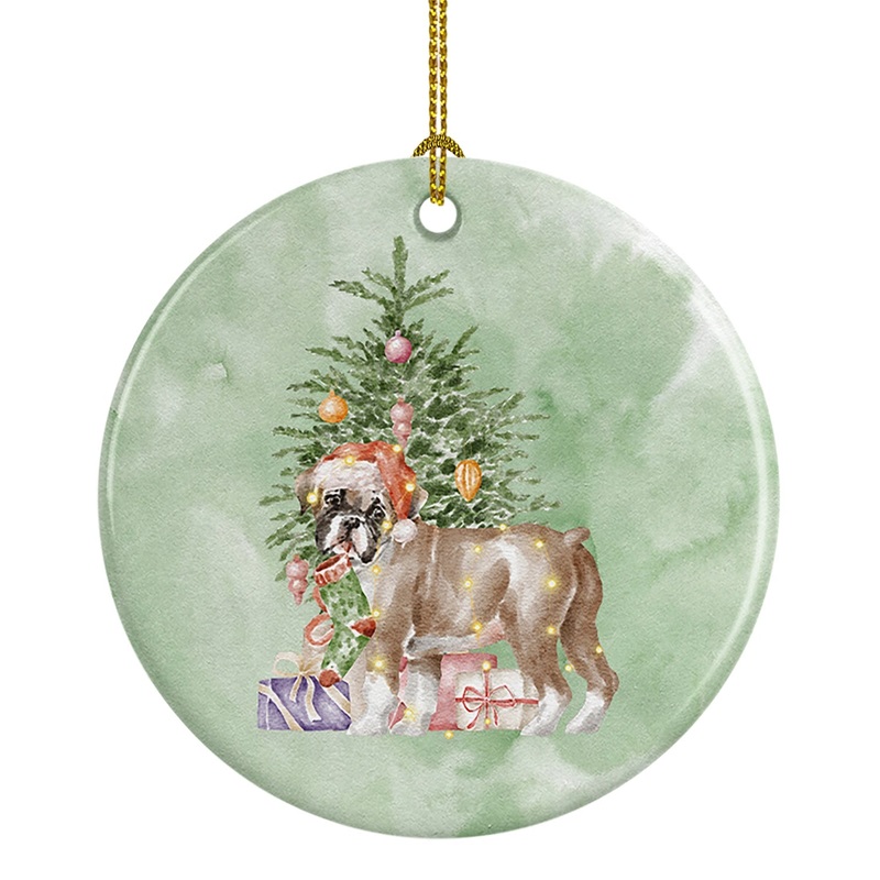 Christmas Boxer Puppy #2 Ornament - Round Ceramic Ornament  Artist-Designed Keepsake Decoration