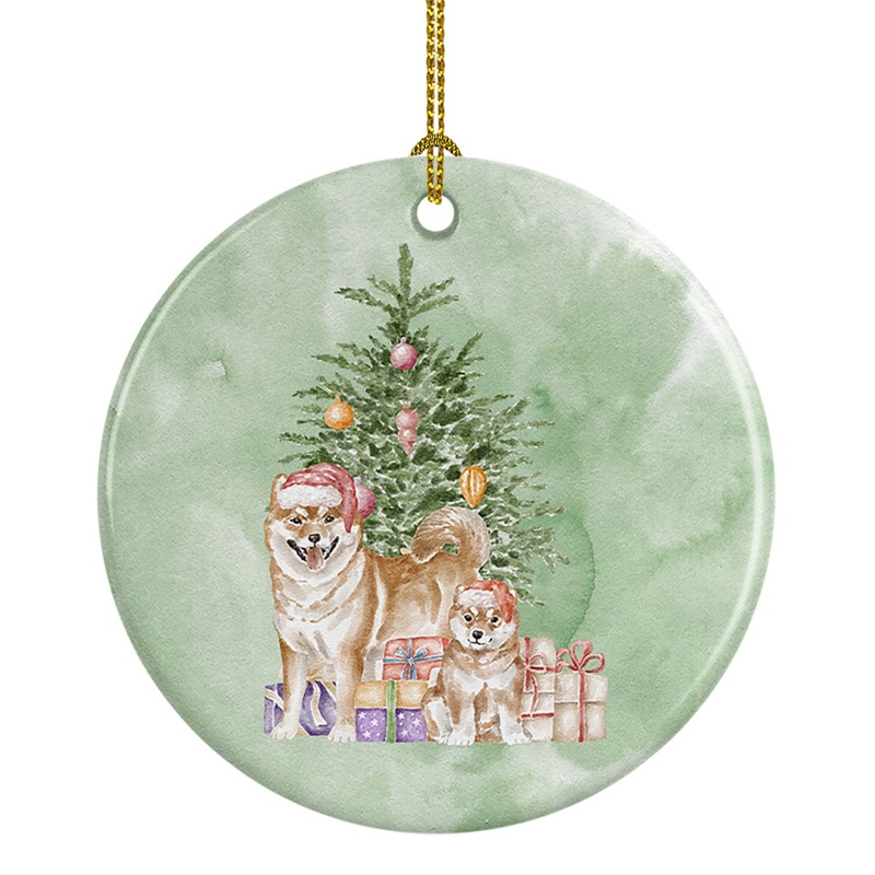 Christmas Shiba Inu Momma and Baby Ornament - Round Ceramic Ornament  Artist-Designed Keepsake Decoration