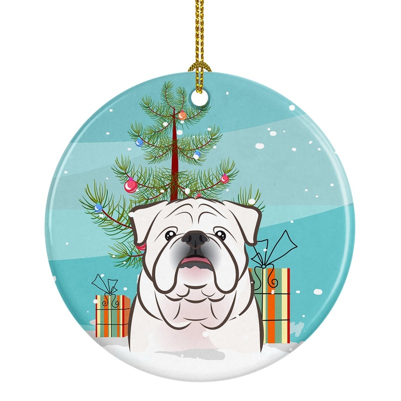 Christmas Tree and White English Bulldog  Ornament - Round Ceramic Ornament  Artist-Designed Keepsake Decoration BB1592CO1