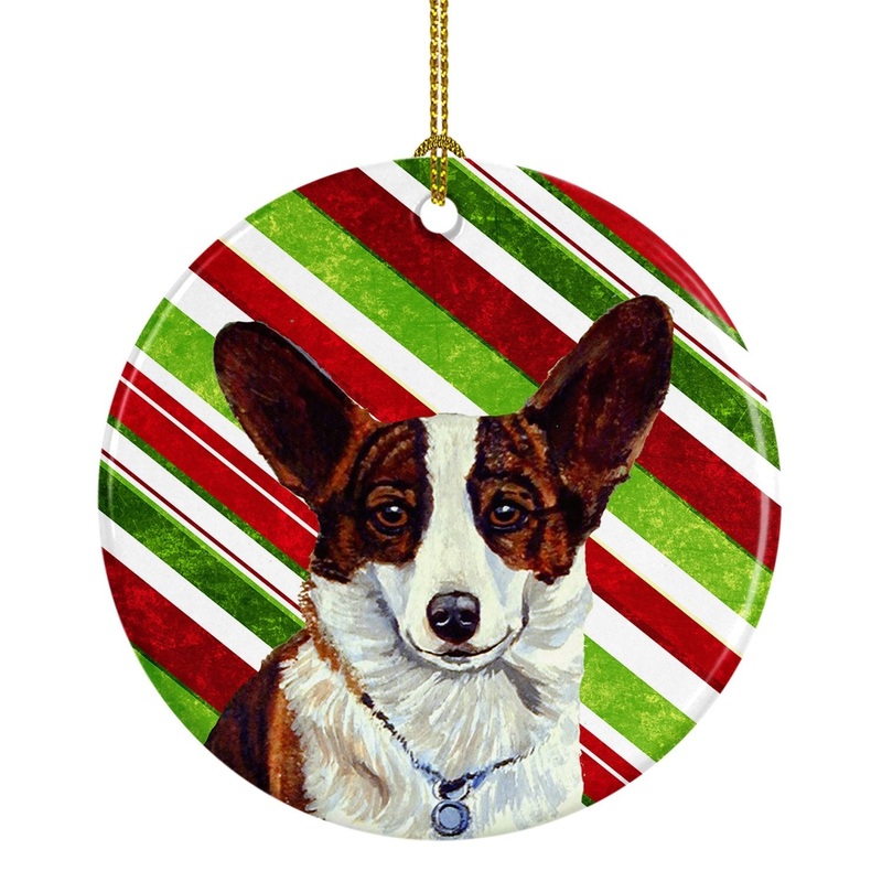 Corgi Candy Cane Holiday Christmas Ornament - Round Ceramic Ornament  Artist-Designed Keepsake Decoration LH9243