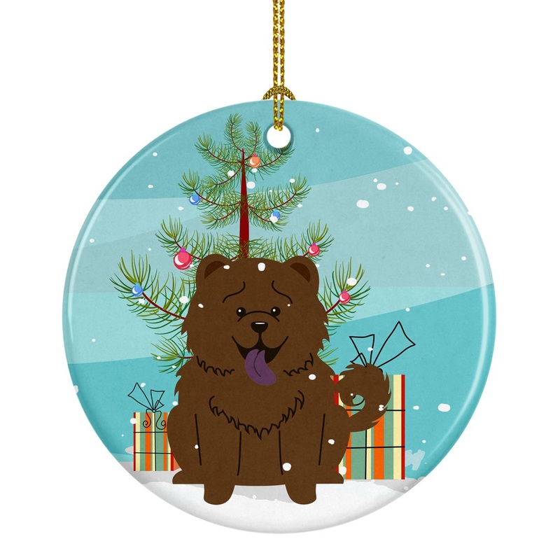 Merry Christmas Tree Chow Chow Chocolate Ornament - Round Ceramic Ornament  Artist-Designed Keepsake Decoration BB4266CO1