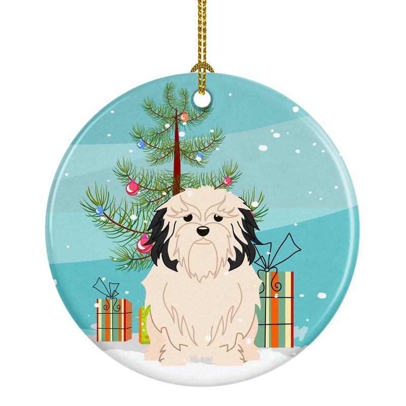 Merry Christmas Tree Lowchen Ornament - Round Ceramic Ornament  Artist-Designed Keepsake Decoration BB4144CO1