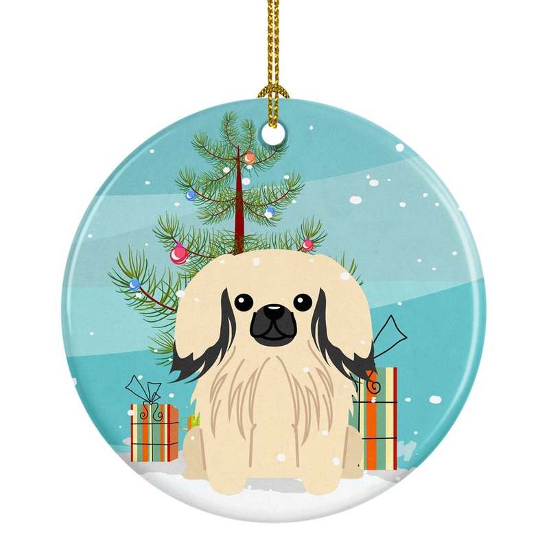Merry Christmas Tree Pekingnese Cream Ornament - Round Ceramic Ornament  Artist-Designed Keepsake Decoration BB4231CO1