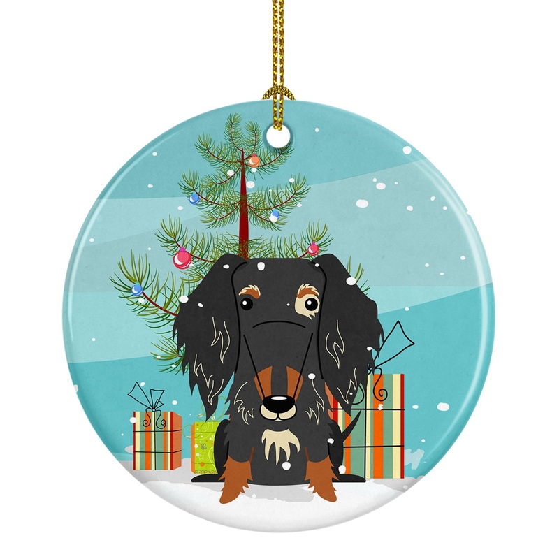 Merry Christmas Tree Wire Haired Dachshund Dapple Ornament - Round Ceramic Ornament  Artist-Designed Keepsake Decoration BB4253CO1