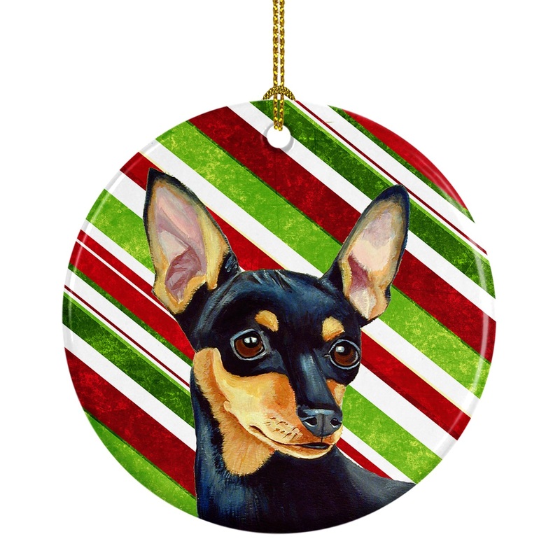 Min Pin Candy Cane Holiday Christmas Ornament - Round Ceramic Ornament  Artist-Designed Keepsake Decoration LH9245