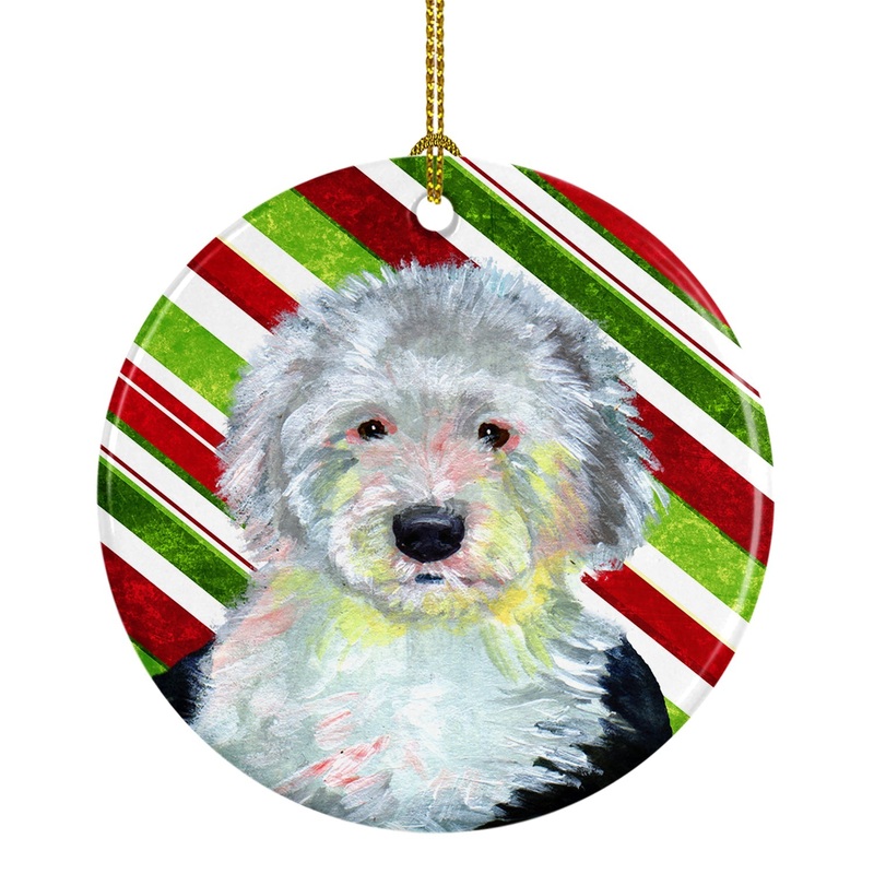 Old English Sheepdog Candy Cane Holiday Christmas Ornament - Round Ceramic Ornament  Artist-Designed Keepsake Decoration LH9261