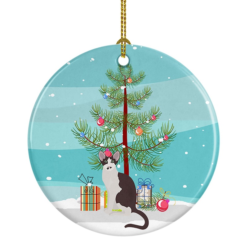Oriental Bicolor Cat Merry Christmas Ornament - Round Ceramic Ornament  Artist-Designed Keepsake Decoration