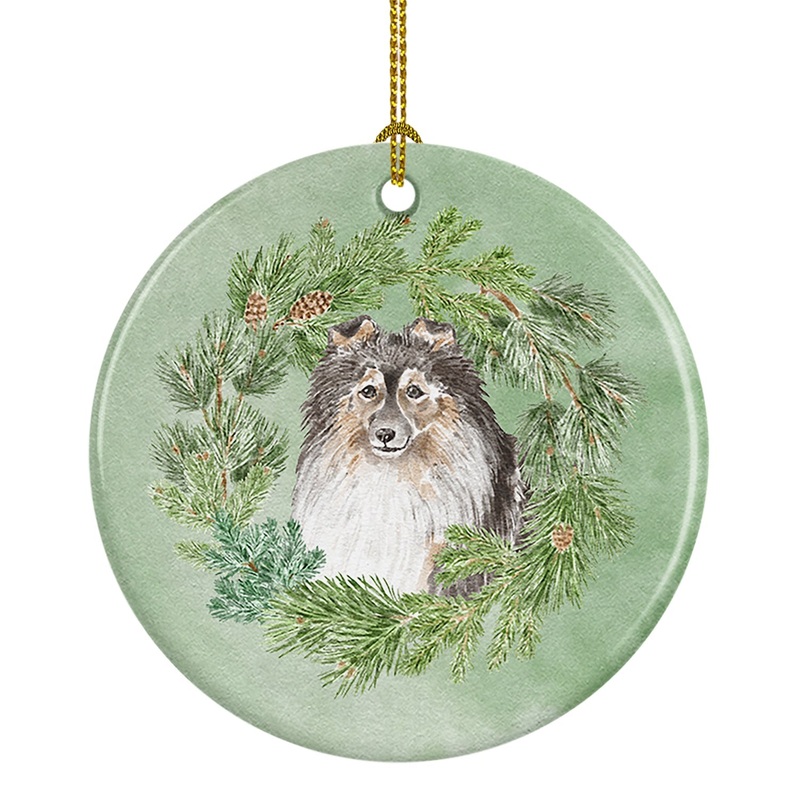Sheltie/Shetland SheepdogTricolor Smiling #2 Christmas Wreath Ceramic Ornament